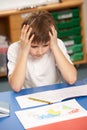 Stressed Schoolboy Studying In Classroom Royalty Free Stock Photo