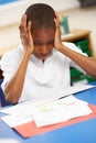 Stressed Schoolboy Studying In Classroom Royalty Free Stock Photo