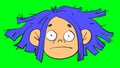 Stressed sleepy girl face in cartoon style. Psychological help, sleep deprivation concepts. Isolated on green screen illustration