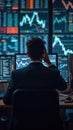 Stressed stock trader facing multiple monitors during market crash