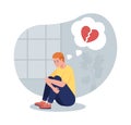 Stressed teen boy sit alone thinking of break up 2D vector isolated illustration Royalty Free Stock Photo