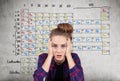 Stressed teen girl and Mendeleev periodic table