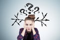Stressed teen girl, questions and arrows Royalty Free Stock Photo