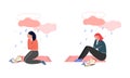 Stressed teen girls sitting under rain cloud set. Teenage puberty problems vector illustration