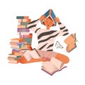Stressed tired student with pile of books. Professional burnout syndrome, depressed person cartoon vector illustration