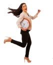 Stressed woman with big clock rushing because of being late.