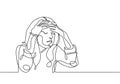 Stressed woman continuous line drawing, one single hand drawn vector illustration. young girl worried about suffering from