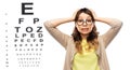 Stressed woman in glasses over eye test chart Royalty Free Stock Photo