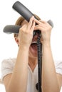 Stressed woman with phone receivers on white