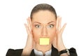 Stressed woman with sticker on mouth Royalty Free Stock Photo