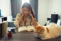 Stressed woman student read book in house Royalty Free Stock Photo