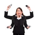 Stressed woman with telephones Royalty Free Stock Photo