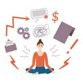 A stressed woman. A tired, work-worn girl in a cartoon style is isolated on a white background. The concept of stress, icons and a Royalty Free Stock Photo