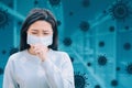 Stressed woman wearing Protection Mask against flu virus background