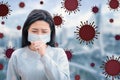 Stressed woman wearing Protection Mask against flu virus background