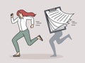 Stressed woman worker run from paperwork