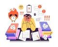 Stressed workaholic man covers face with hands flat style, vector illustration