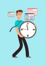 Stressed worker holding clock with running out time. Deadline vector concept Royalty Free Stock Photo