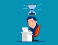 Stressed worker with hourglass that almost run out. Pressure and deadline concept. Cute cartoon vector style