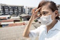 Stressed worried asian senior,Chinese people has flu and headache,wearing medical mask feel tired,sick woman with symptoms of Royalty Free Stock Photo