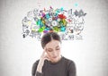 Stressed young woman in brown, cog brain Royalty Free Stock Photo