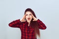 Stressed young woman shouting screaming hands on head. Burnout concept Royalty Free Stock Photo