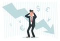 Stressful businessman. Falling profits, down arrow chart graph and bankrupt finance fall vector illustration