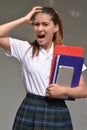 Stressful Girl Student Wearing Uniform With Books