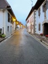 Stretch of the Camino de Santiago in Spain as it winds through a village.