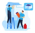 Stretch ceiling construction, worker in room vector illustration. Professional work tool, building house, isolated on