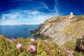 Malfatano Cape view with Malfatano Wachtower in Teulada coast in South Sardinia. Royalty Free Stock Photo