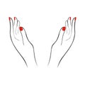 Stretched hand of woman with red manicure. Open palm hand gesture of woman hand. Vector illustration.