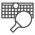 Stretched net with racket and ball line icon, tennis game concept. Vector graphics. Racket net ball sign on white