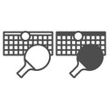 Stretched net with racket and ball line and solid icon, tennis game concept. Vector graphics. Racket net ball sign on