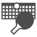 Stretched net with racket and ball solid icon, tennis game concept. Vector graphics. Racket net ball sign on white