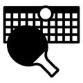Stretched net with racket and ball solid icon, tennis game concept. Vector graphics. Racket net ball sign on white Royalty Free Stock Photo