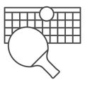 Stretched net with racket and ball thin line icon, tennis game concept. Vector graphics. Racket net ball sign on white