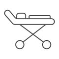 Stretcher thin line icon, Heath care concept, Medical couch sign on white background, Hospital wheel bed icon in outline