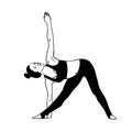 Stretching, arm-by-leg bending exercise. Silhouette of a girl on a white background, black lines.