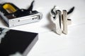 Stretching canvas on wooden stretcher bar, stapler and canvas pliers on a white table