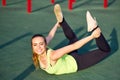 Stretching danser or gymnast woman training in workout sports ground