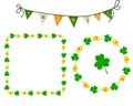 Stretching flags and frames round and square with shamrock and gold coins. Decoration a for the feast of St. Patrick