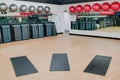 Stretching mats and exercise balls in gym