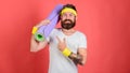 Stretching and pilates concept. Athlete sport coach. Man bearded happy athlete hold mat red background. Athlete coach Royalty Free Stock Photo