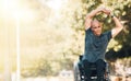 Stretching, start and wheelchair user man in park for training, workout or health portrait. Fitness, wellness and Royalty Free Stock Photo