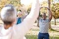 Stretching, yoga and peace with old people in park for fitness, health or workout. Mindfulness, training and zen with