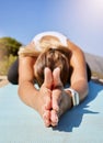 Stretching, yoga and wellness woman hands with outdoor nature, sunshine lens flare and sky mock up. Exercise, fitness
