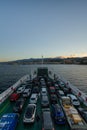 Stretto di Messina, view of the port and the cityscape from the ferry at the sunset