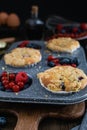 Streusel muffins with blueberry, raspberry and red currant on rustic wooden table Royalty Free Stock Photo