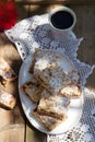 Streusel pie stuffed with rose jam, served with coffee. Rustic style